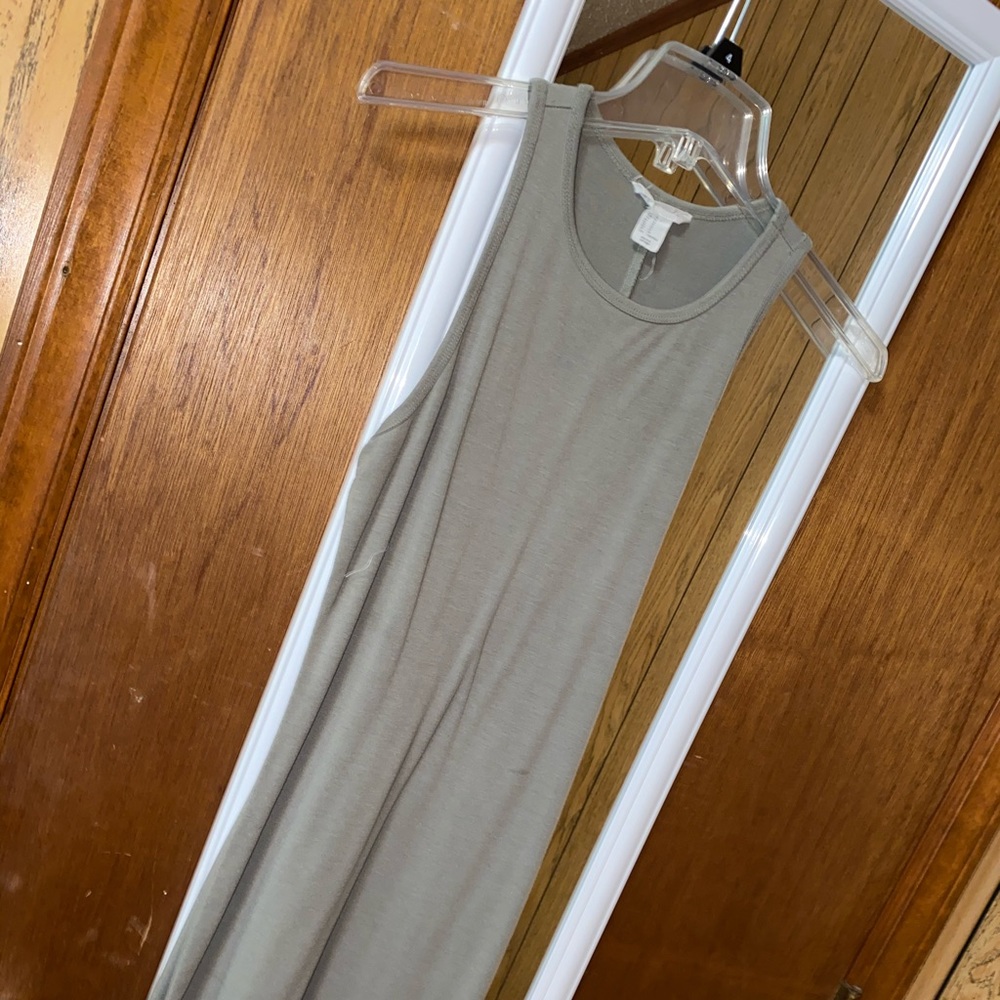 Fitted light olive green dress.